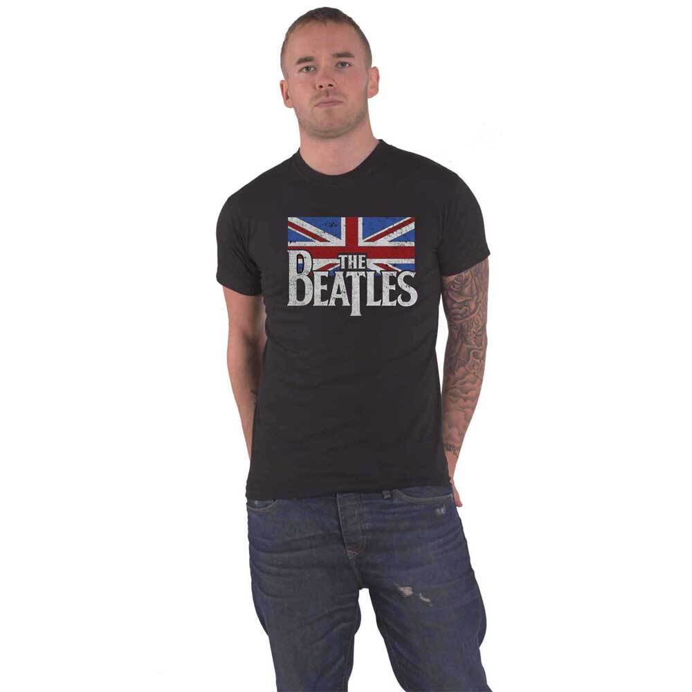 The Beatles Official Unisex Black Vintage Flag Drop T Logo T-Shirt New