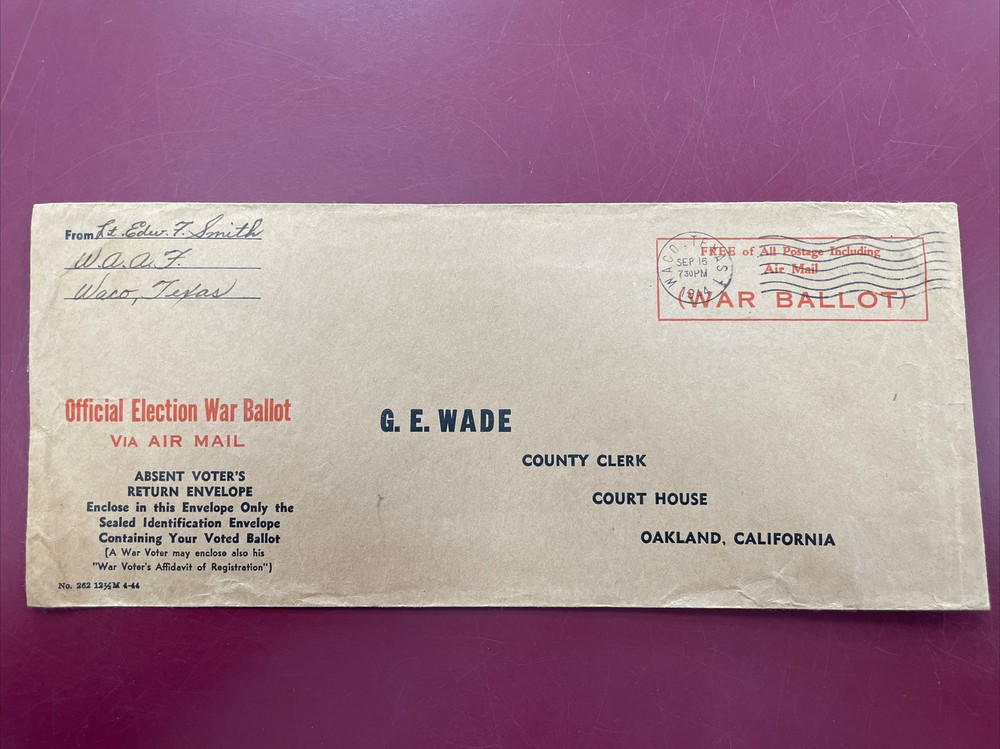 1944 WWII election war ballot envelope.WAAF,Air Mail .Waco Texas