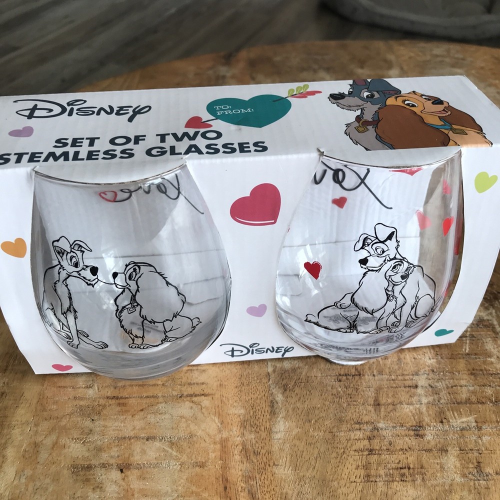 Disney Lady and the Tramp Valentine Stemless Wine Glass Set of 2 New