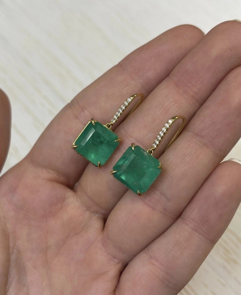 Cyber Monday Sale! 2.20Ct Natural Emerald & Diamond Earrings 14k Yellow Gold-image