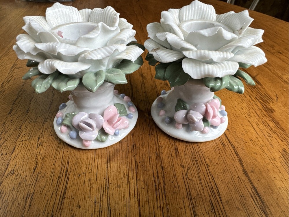 1970s Bisque Porcelain Rose Footed Candle Holders Handcrafted Shabby Chic Vintage