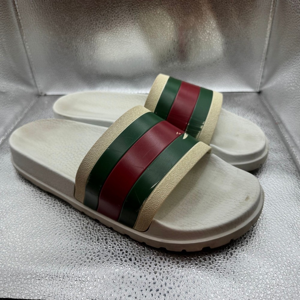 Gucci Pursuit Web Pool Slides Size 10 in White Red Green for Beach Resort