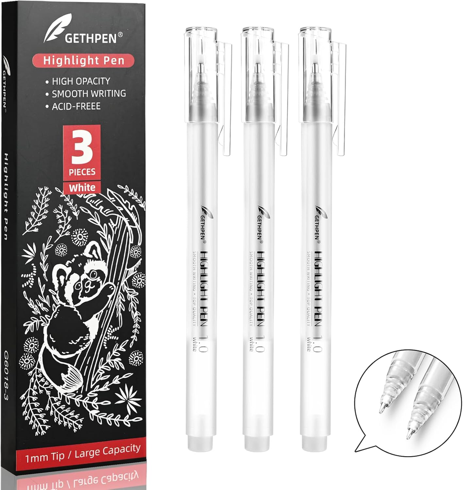 White Gel Pens, 3 Pack, 1mm Extra Fine Point for Artists, White Ink