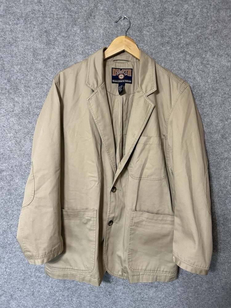 Duluth Trading Fire Hose Blazer Jacket Men M Denim Beige Canvas Chore Coat Large