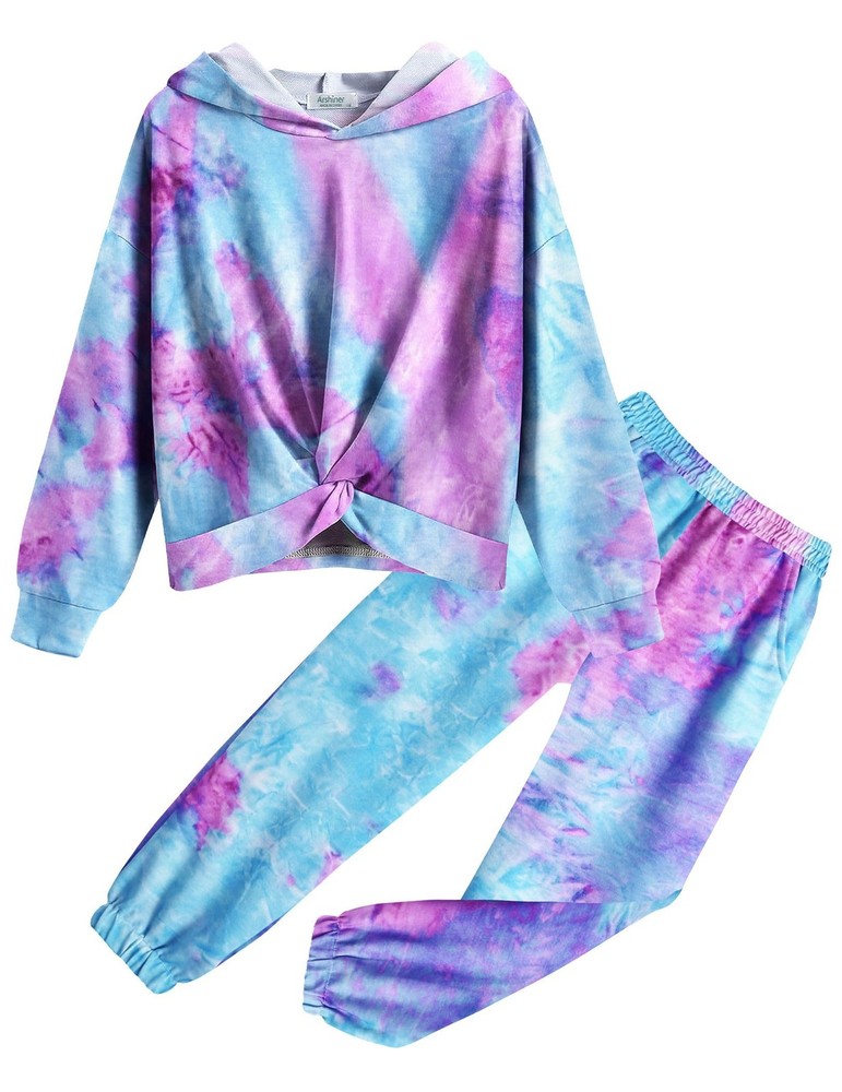 Girls Long Sleeve Sweatshirt Set Tie-dye Pullover Hooded and Long Pant 2 piec...