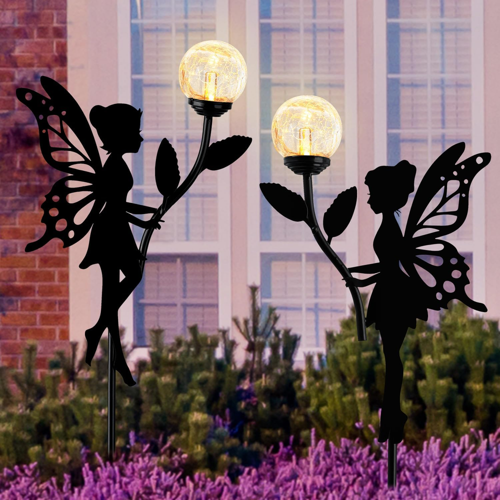 2 Pack Solar-Powered Metal Fairy Garden Statues with Crackle Glass Globe Lights