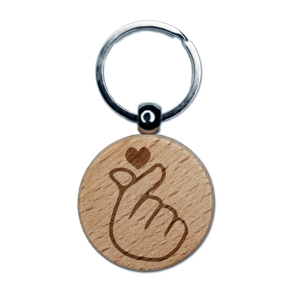Heart Fingers Gesture of Love Engraved Wood Round Keychain Tag Charm