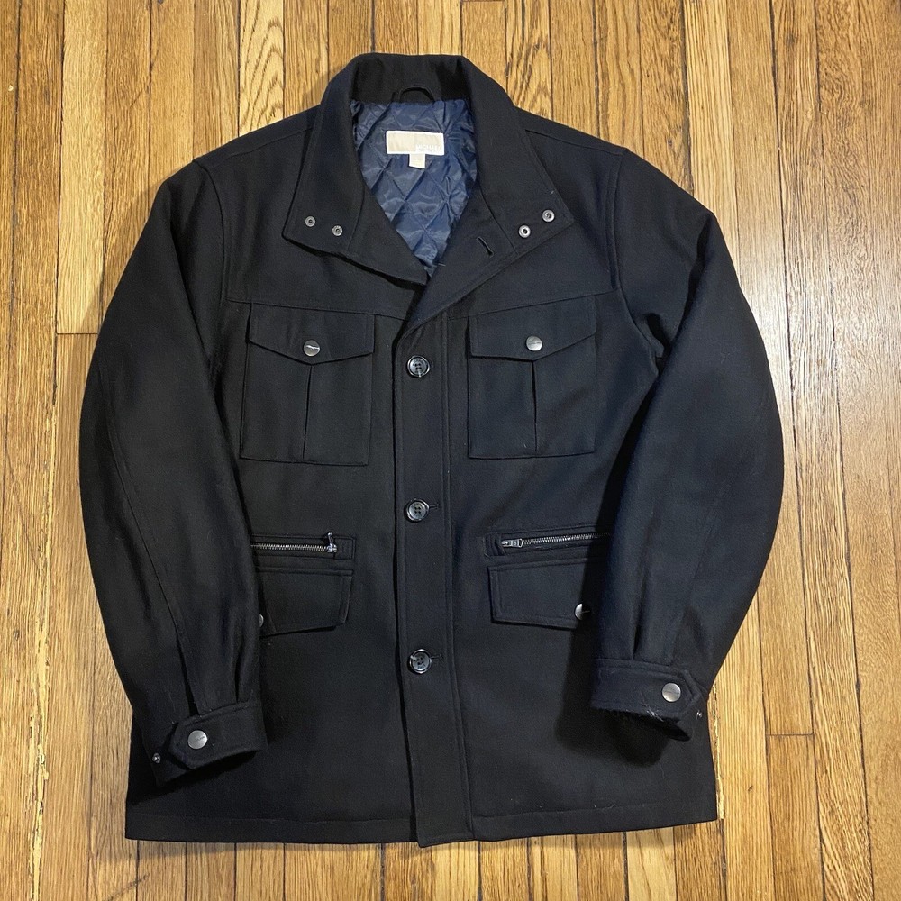 Michael Kors Mens Black Wool Pea Coat Utility Jacket Size Large