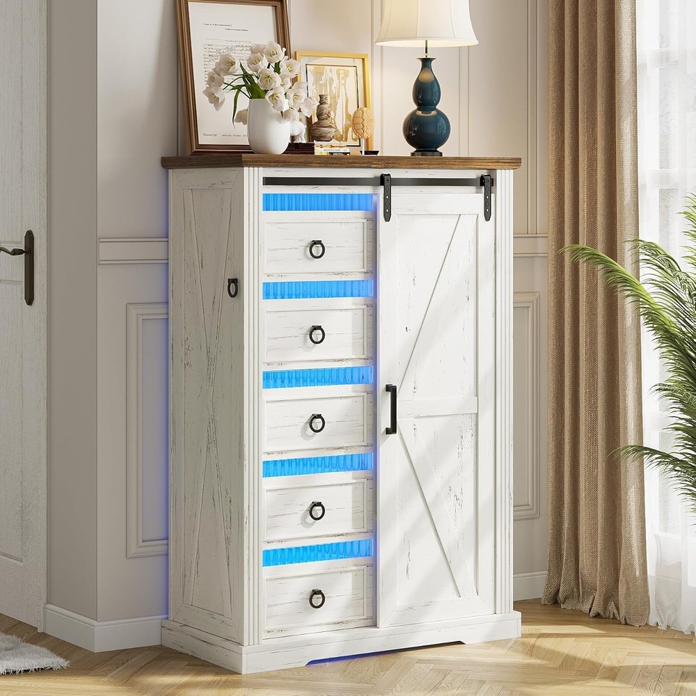 Farmhouse Tall Floor Cabinet with Sliding Barn Door and 5 Drawers