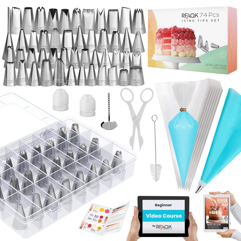 RFAQK Juego de 74 bolsas y puntas para glaseado, kit de decoración de pasteles con 48 números...