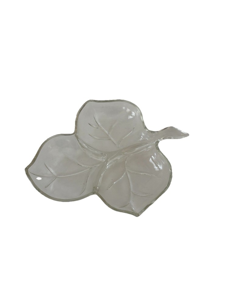 Vintage Hazel Atlas Leaf Shaped 3 Part Relish Divided Dish Nut Candy Clear Glass