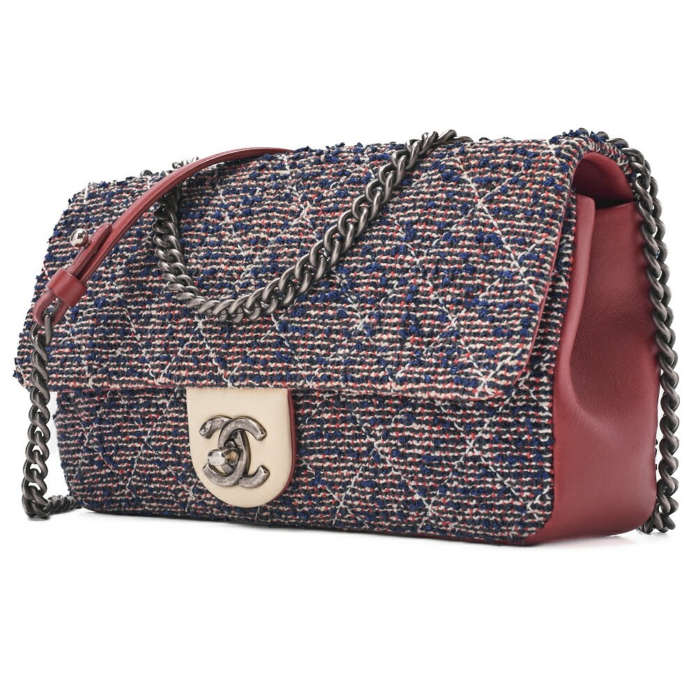 CHANEL Navy Tweed Matelasse Single Flap Shoulder Bag Silver Hardware