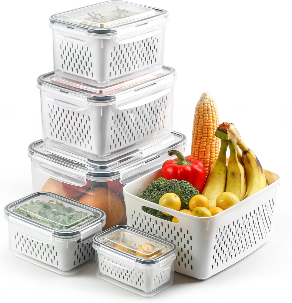 5-Piece Fruit Storage Containers with Colanders for Fridge Dishwasher Safe Produce Keepers