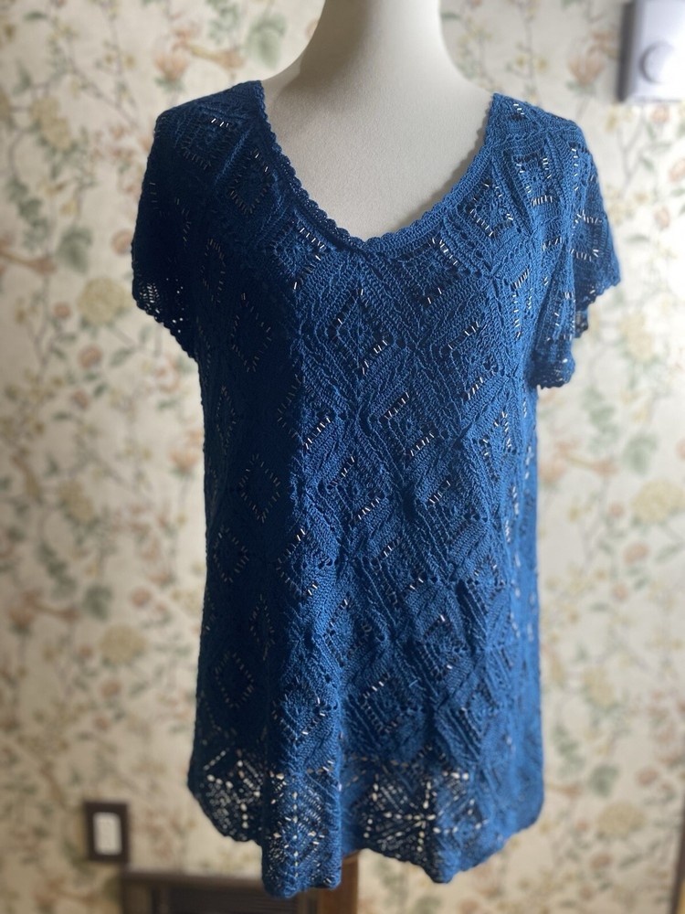 Alfani  Women's 2X Blue Silk Blend Lined Sleeveless Knit Beaded Sweater Top