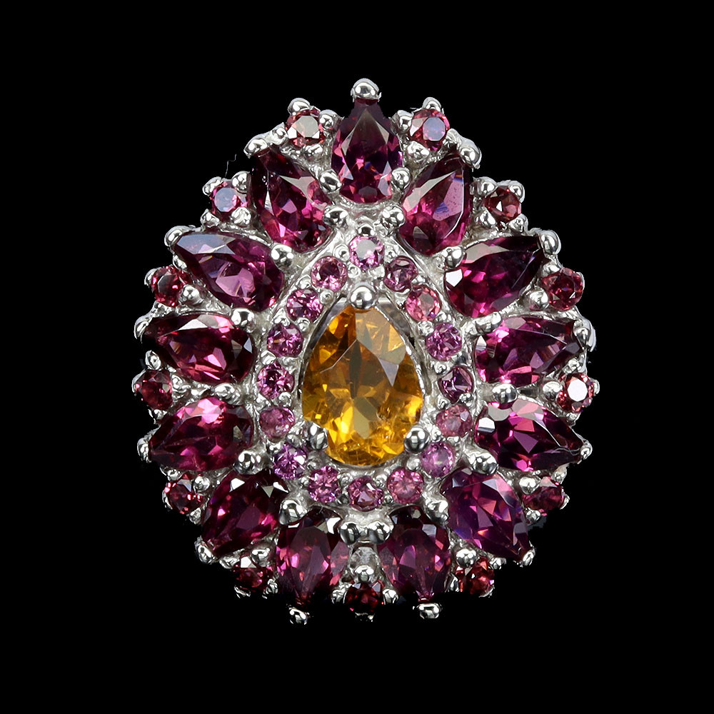 925 Sterling Silver Pear Citrine Rhodolite Natural Gemstone Ring Size 8