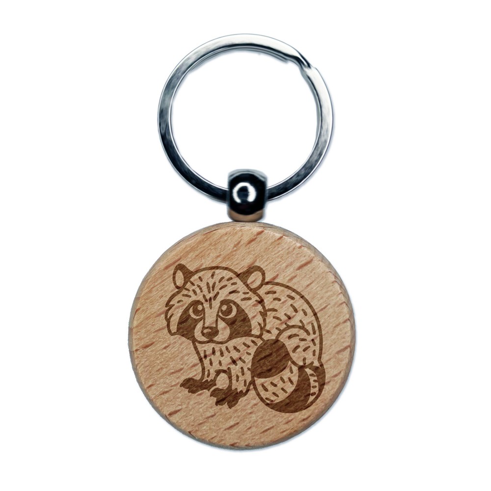 Baby Raccoon Woodland Animal Engraved Wood Round Keychain Tag Charm