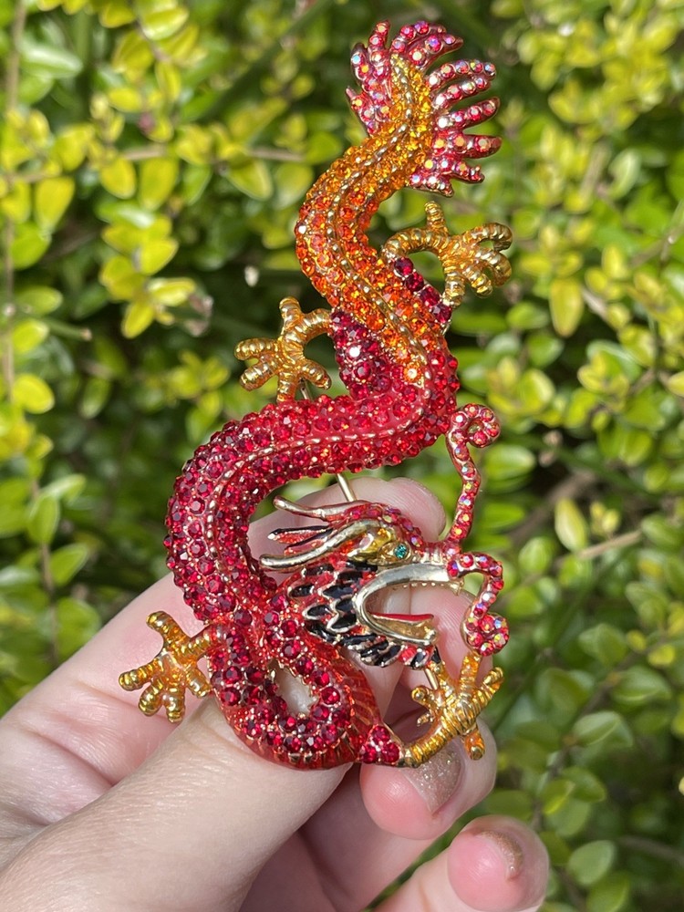 Vintage Butler & Wilson Large Crystal Red Dragon Brooch Signed