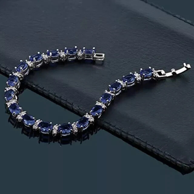 9Ct Oval Cut Simulated Sapphire Women's Tennis Bracelet 14K White Gold Plated