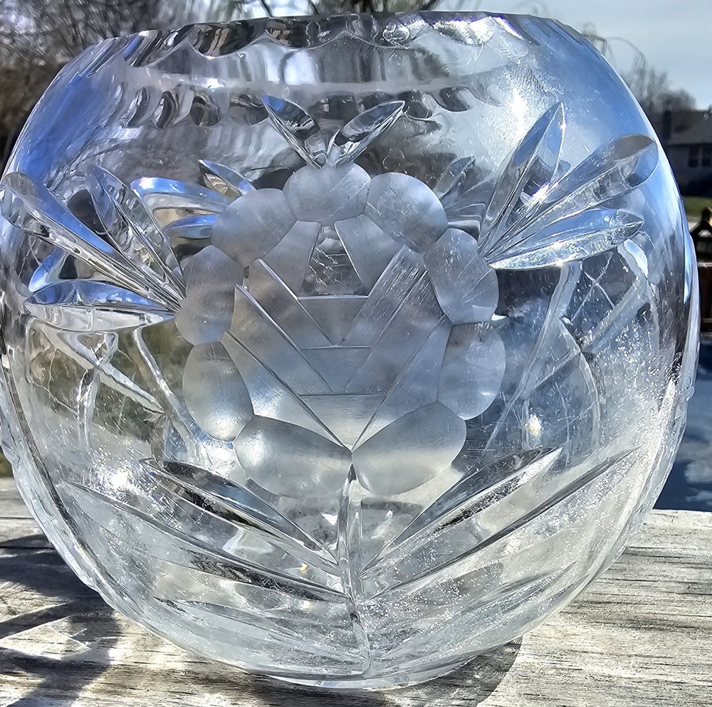 Vintage Floral Cut Crystal Bowl Vase 8.5 Inch Round Lead Glass