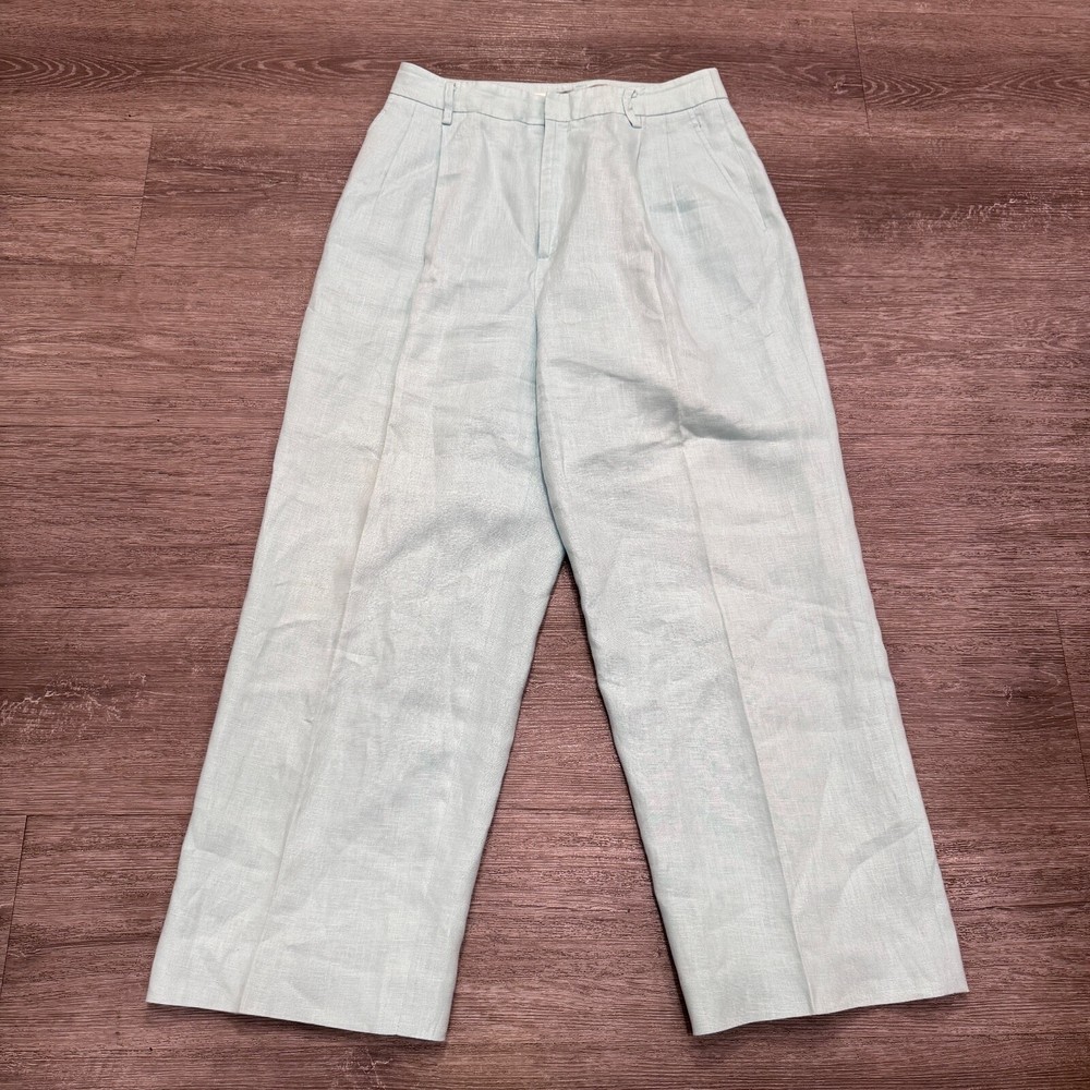 Ellen Tracy Pants Womens 8 Blue Teal Crop Wide Leg Pants 100% Linen Coastal