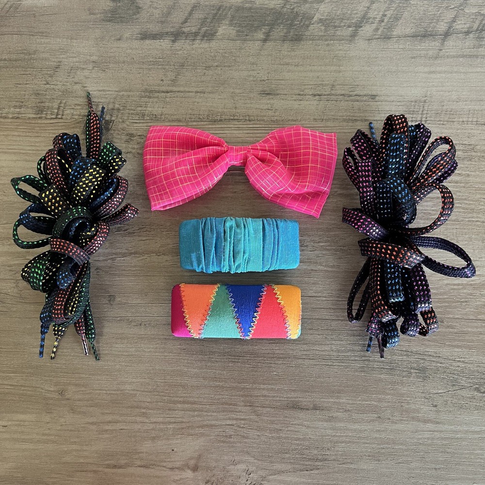 Vintage Hair Barrette Clips 80s Bow Sparkle Shoe Lace Bold Bright 1980s Lot Of 5