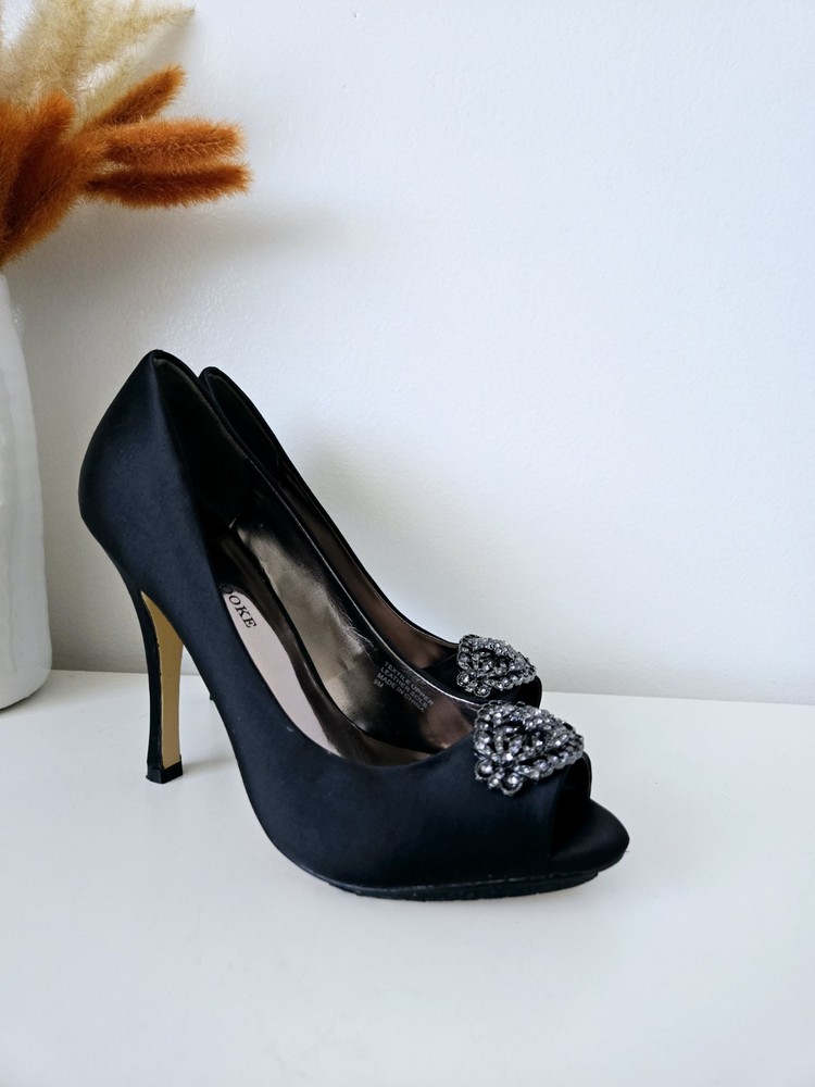 AUDREY BROOKE Black Satin Rhinestone Peep Toe Heels Bridal Shoes