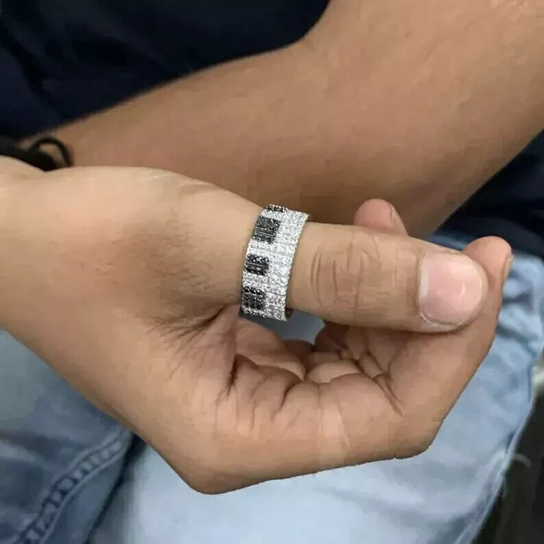 14k White Gold Plated 2Ct Round Lab-Created Black Diamond Mens Wedding Band Ring