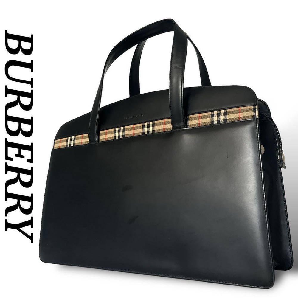 Burberry Tote Bag Nova Check Logo Embossed A4 Storage Capacity Black Leather