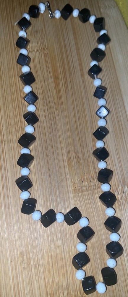 Vintage MCM Glass Black White Geometric Bead Necklace Beautiful Statement Piece