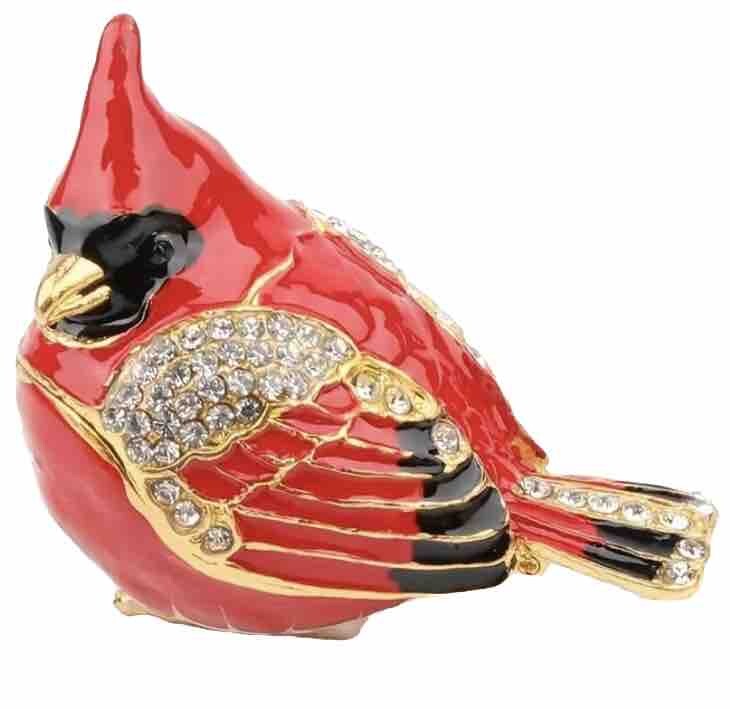 New Christmas Cardinal Red Hinged Enamel Trinket Box With Jeweled Crystals Gift