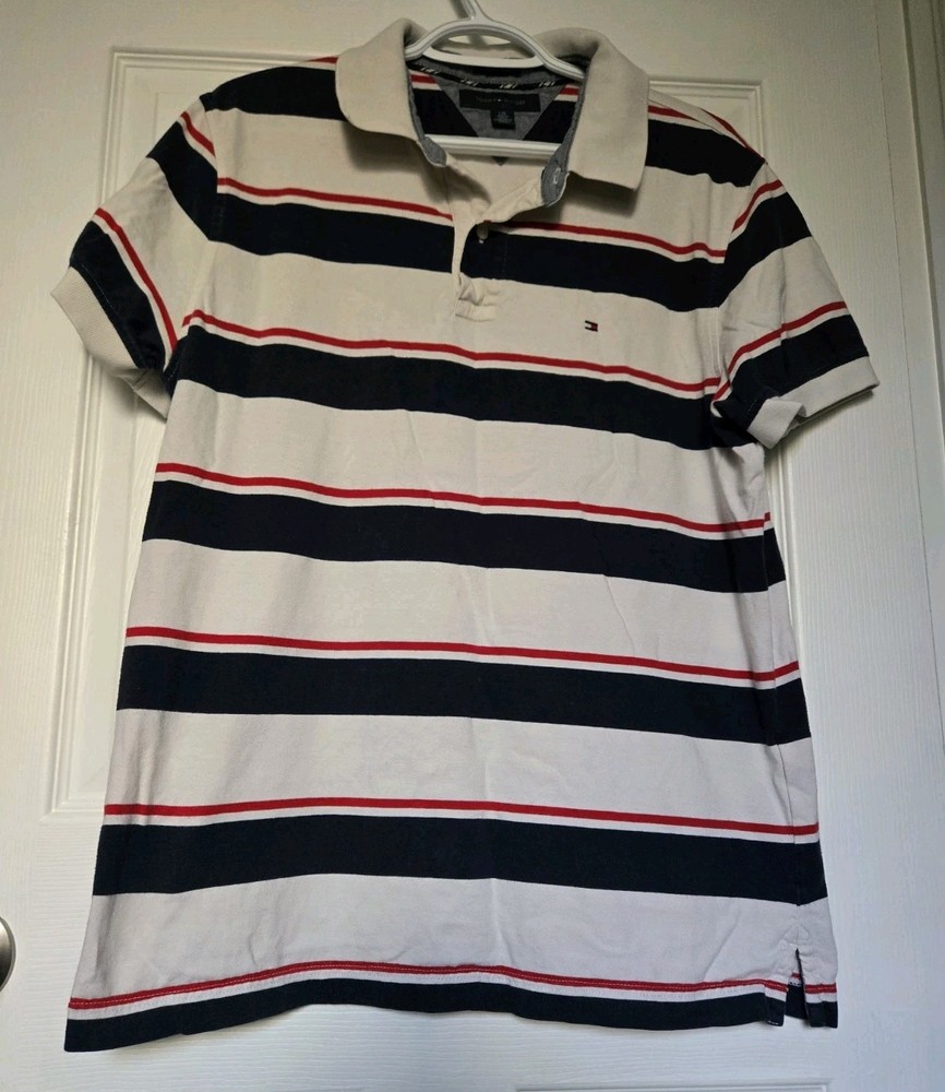 Tommy Hilfiger White Red Blue Stripe Polo T Shirt Mens Size Large
