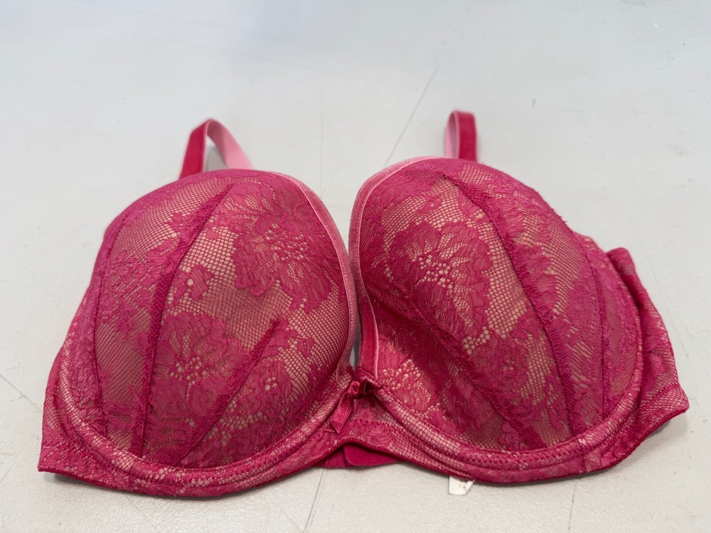 Wonderbra Underwired Padded Lace Covered Full Cup Velvet Trim Bra Size 34E Pink