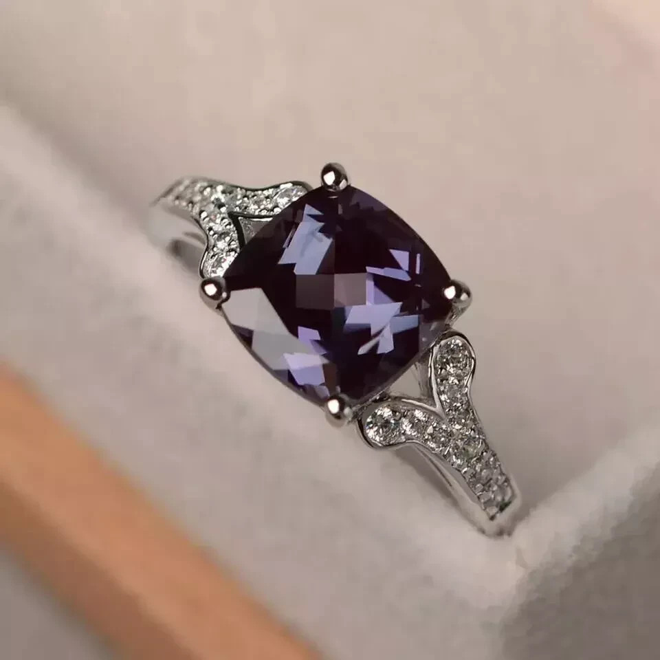 2 Ct color Changing Alexandrite statement ring cushion cut 14k solid white Gold