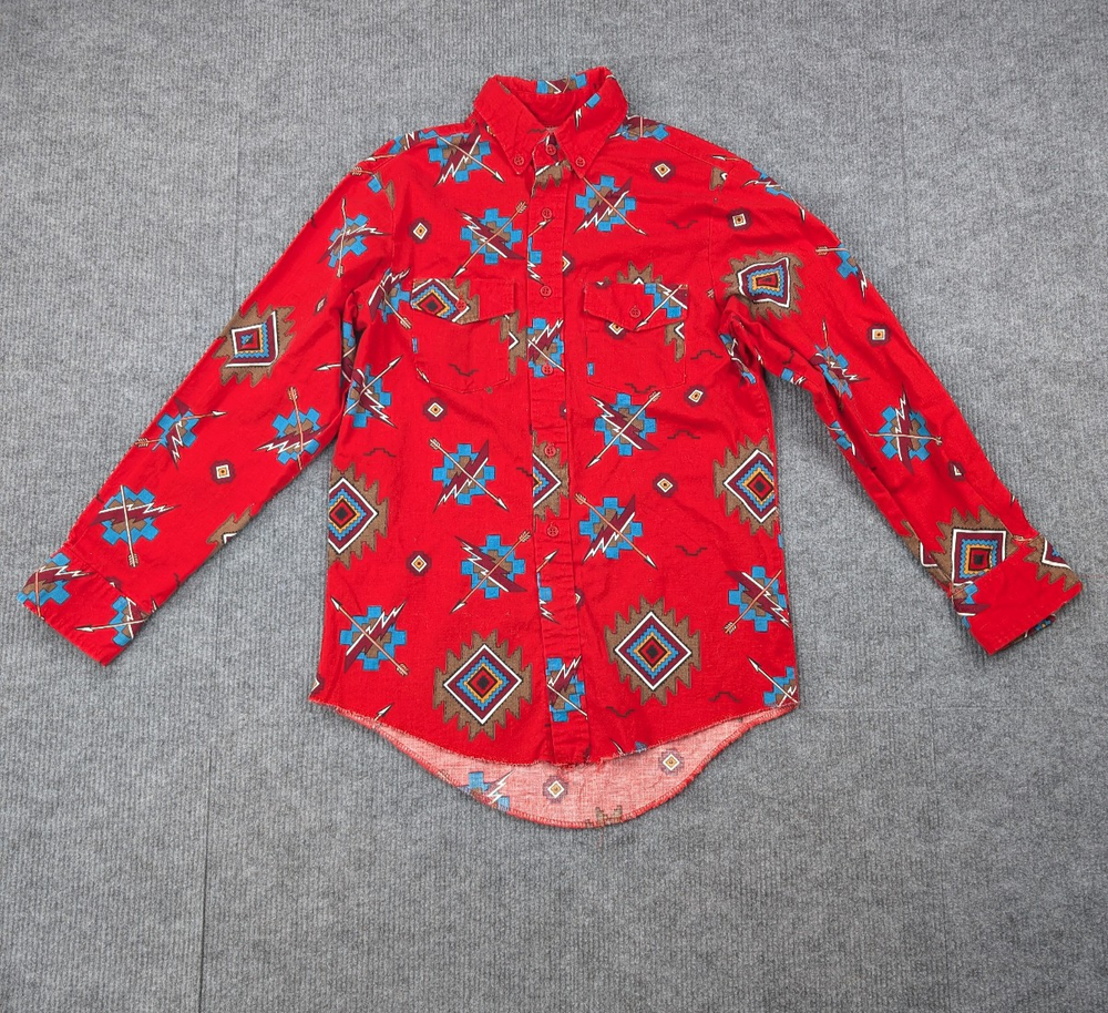 Vintage Wrangler Brushpopper Shirt Kids 8 Aztec Southwestern Cowboy Boys Red