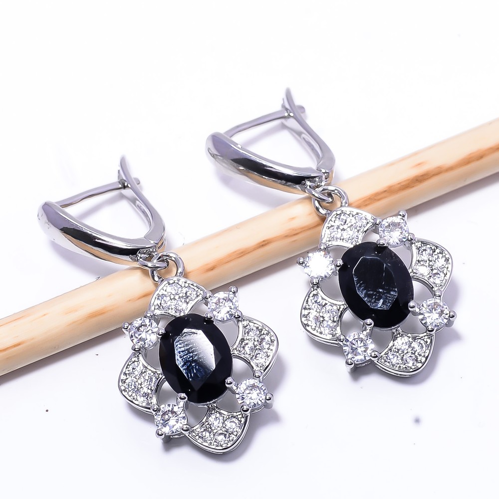 Black Onyx & Cubic Zirconia Gemstone 925 Sterling Silver Earring 1.64