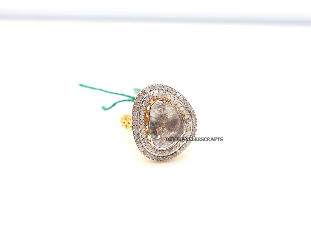 925 Sterling Silver Rose Cut Polki Diamond Gold Plated Cocktail Ring with Pave Detail