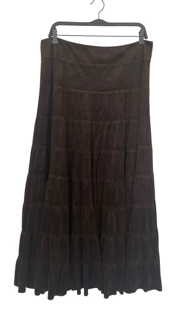 Vintage Tribal Faux Suede Tiered Maxi Skirt Chocolate Brown Western Boho Sz 14
