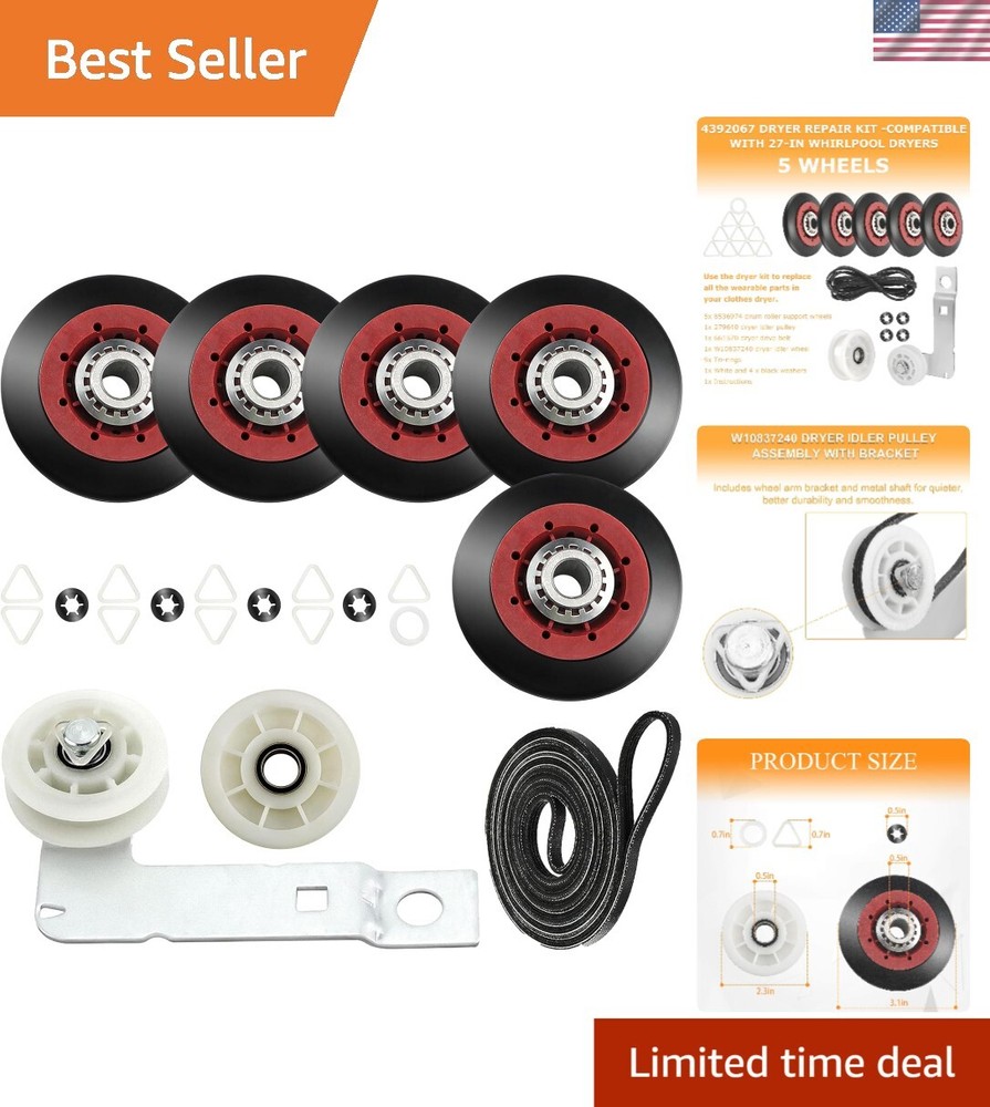 Efficient 5-Wheel Dryer Repair Kit: Idler Pulley & Belt for Maytag and Whirlpool