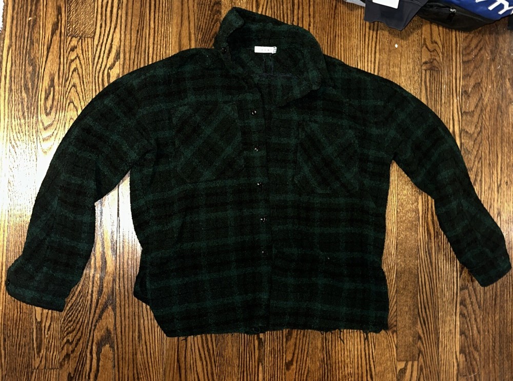 FAUX WOOL VINTAGE LOOK PLAID DARK GREEN FLANNEL HEAVYWEIGHT OVERSHIRT MNML