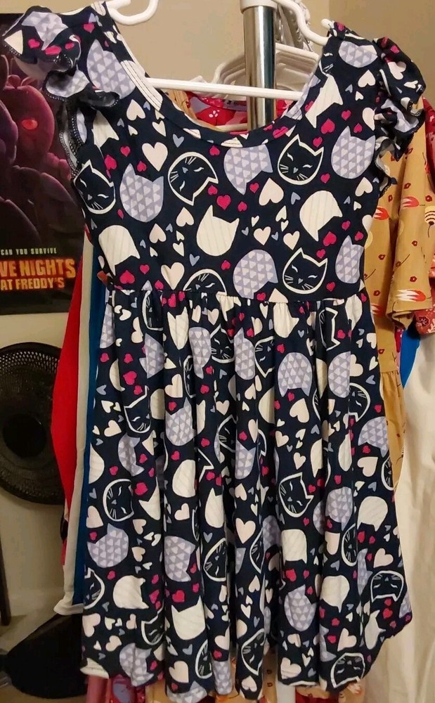 Dot Dot Smile 2T Cat Print Toddler Dress with Ruffle Cap Sleeves and Knee Length