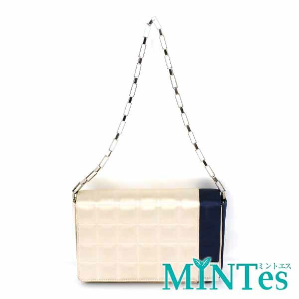 CHANEL Beige Navy Satin Chocolate Bar Chain Shoulder Bag A17828 Pre-Owned