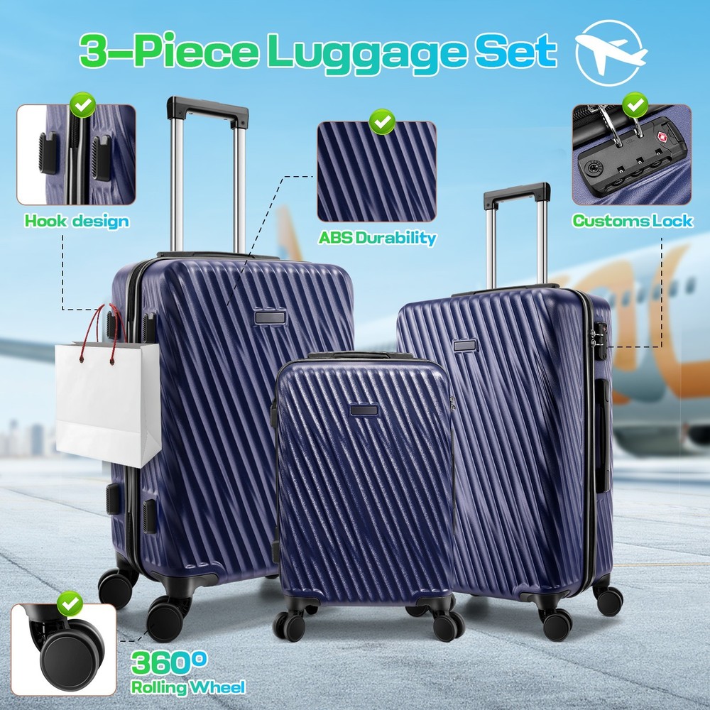3 Piece Luggage Set Hardshell Durable Large Checked Travel Suitcase 20