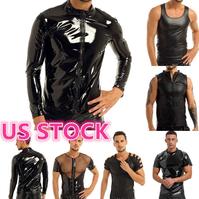 US Men Shiny T-Shirt Wet Look PVC Leather Zipper Shirts Motorcycle Party Blouse