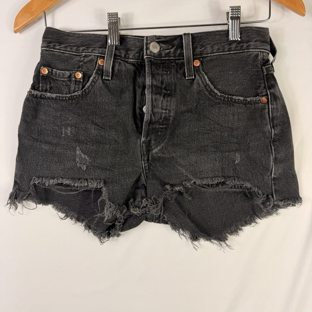 Levi's 501 Shorts Women's Size 25 Black Denim Cut Off Distressed Fringe Button
