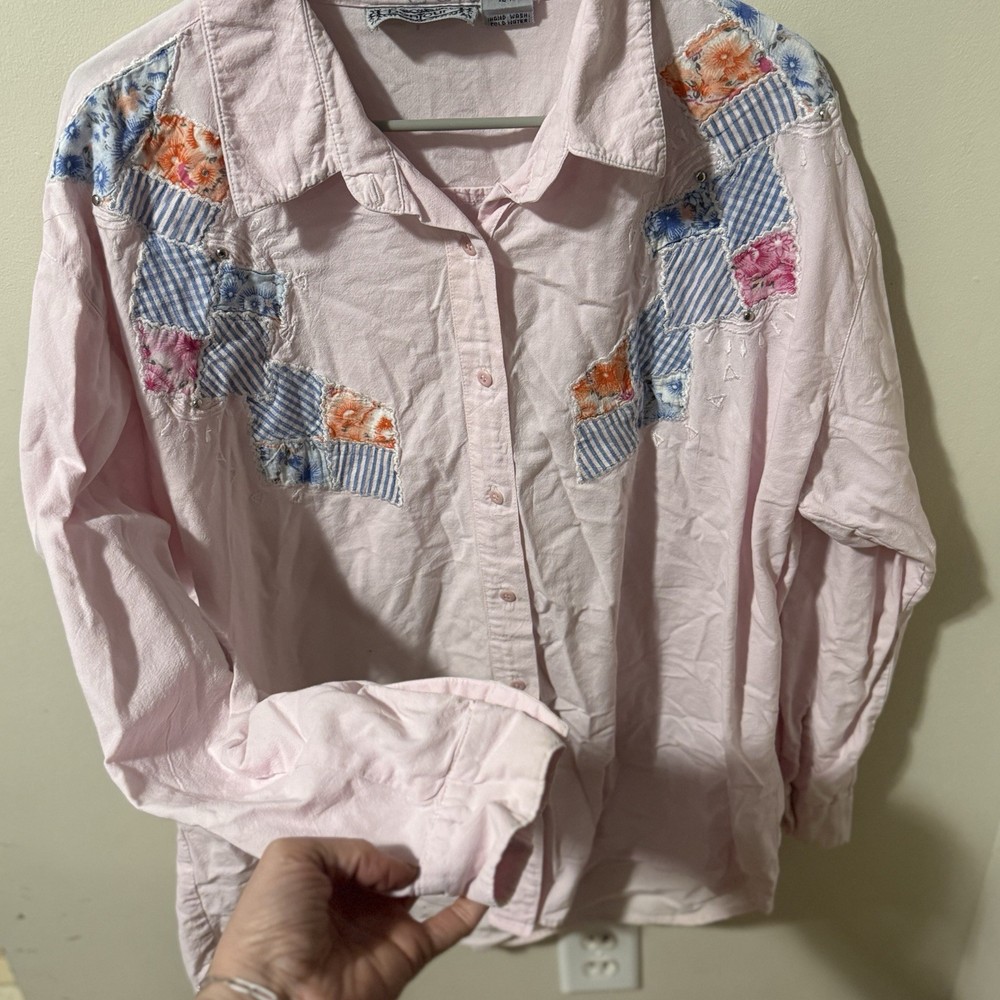 Vintage 90s Patchwork Pink Blouse Womens 18W Cottagecore Floral Boho