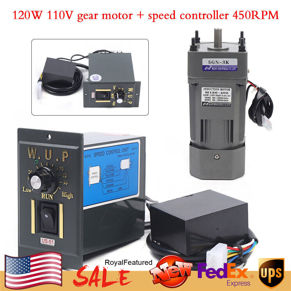 AC Gear Motor Electric Motor Reversible Variable Speed Controler 120W 1:3 450RPM