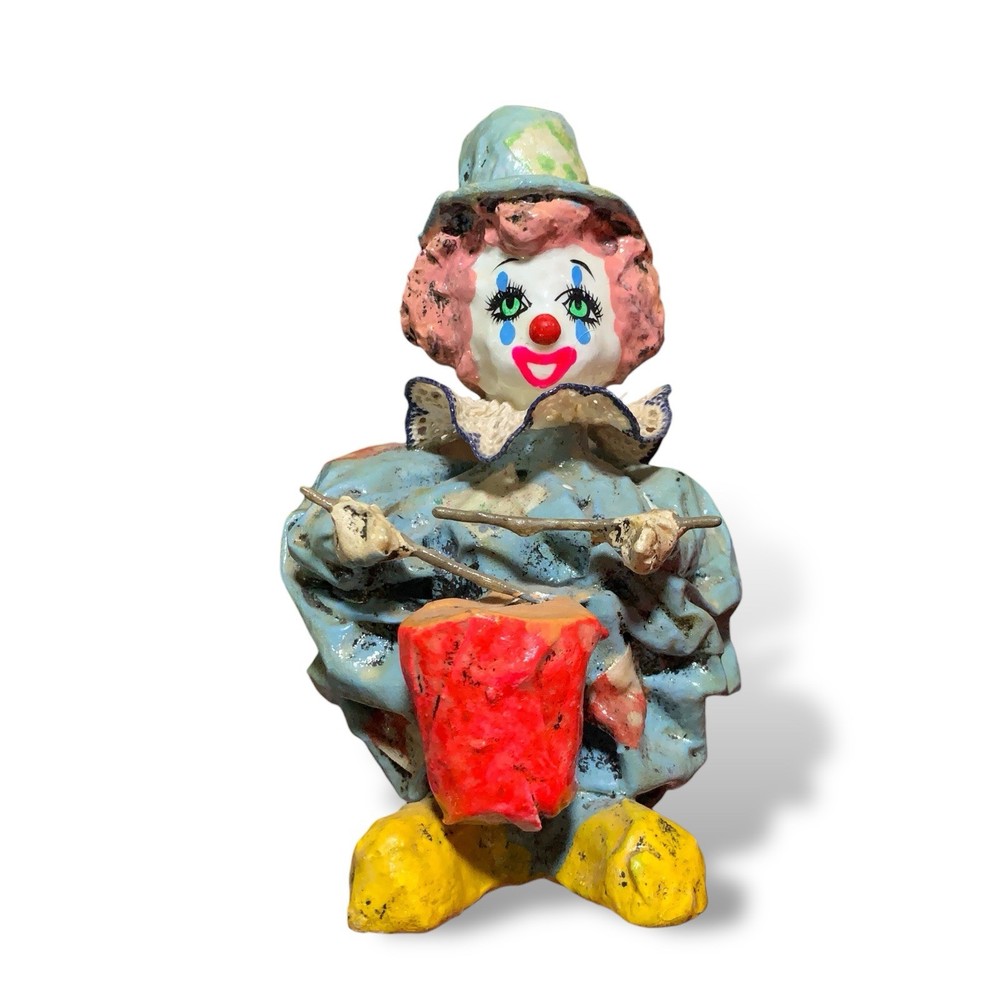 Paper Mache Vintage Sitting Clown 6.5” 1970s Medium Decor Bobo Bozo Drums Makeup