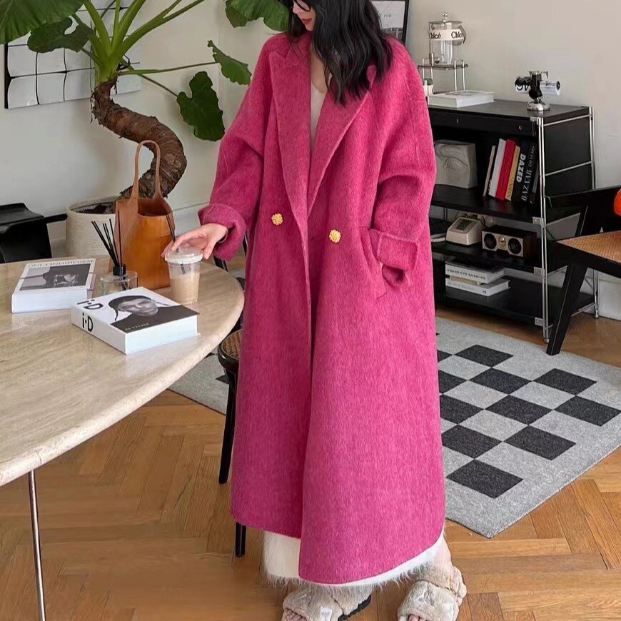 Women's Double Breasted Wool Silk Trench Coat with Lapel Collar Loose Fit-image