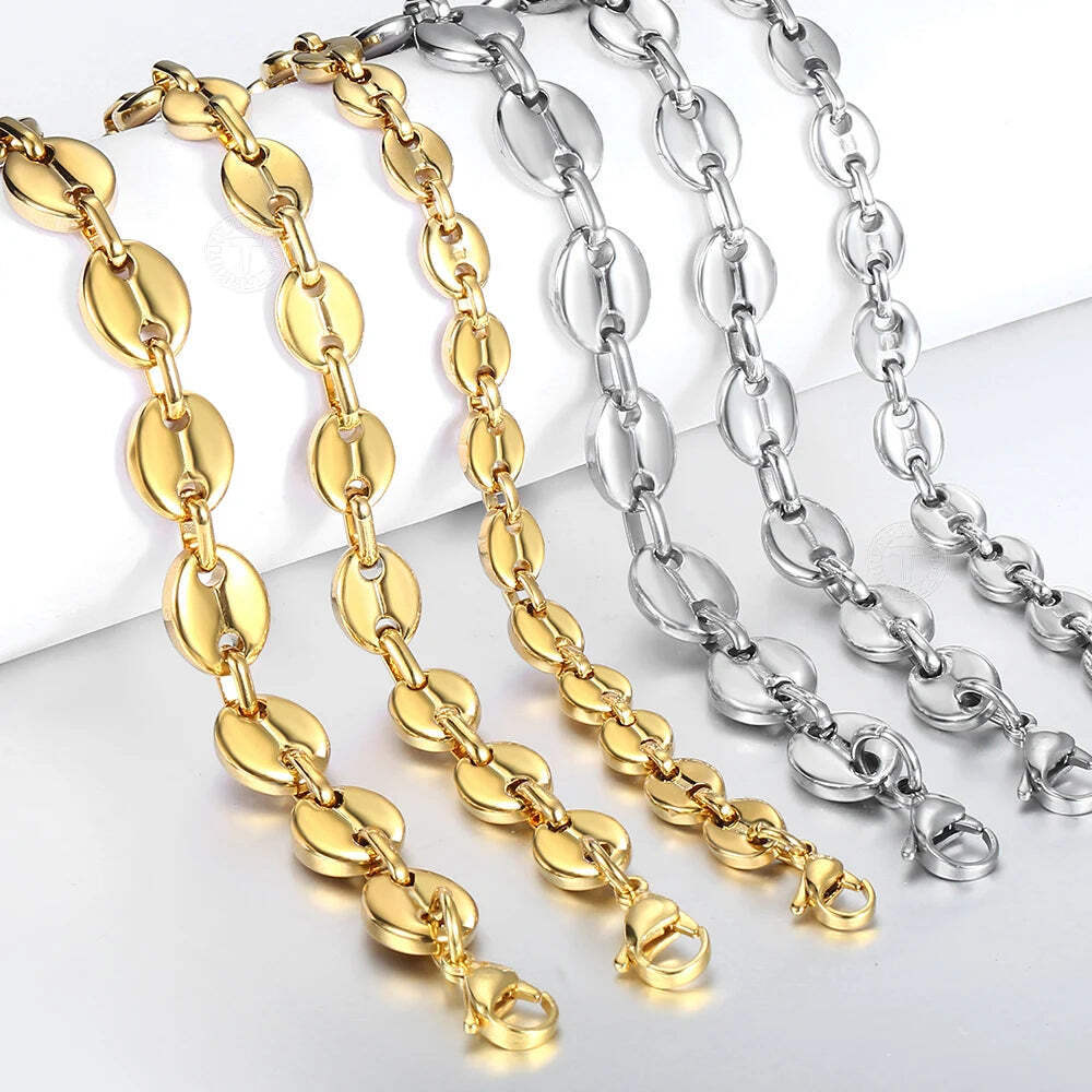 7/9/11mm Stainless Steel Coffee Beans Marina Link Chain Bracelets For Men Women