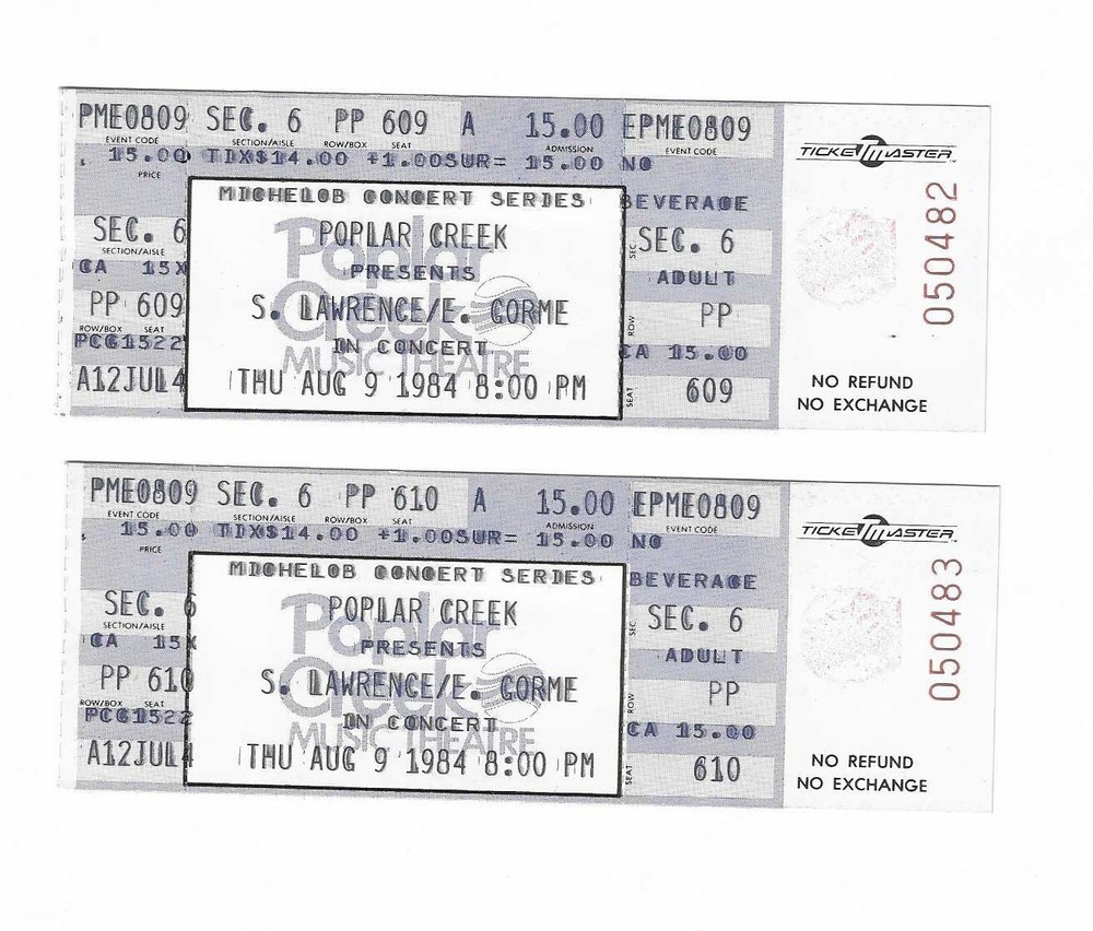 Steve Lawrence and Eydie Gormer Unused Concert Tickets From August 9, 1984